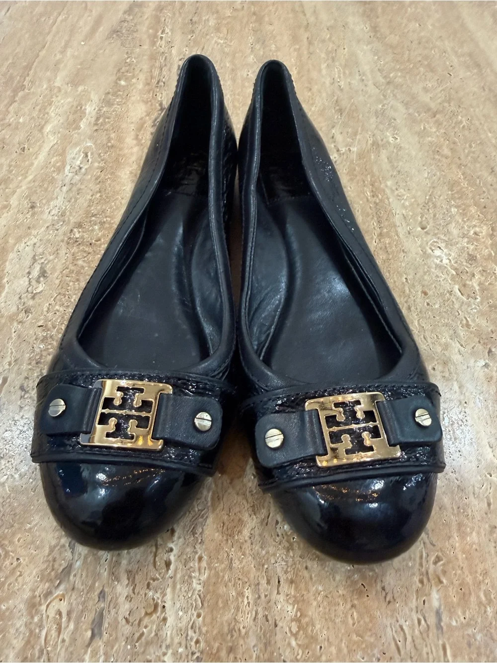 Tory Burch Black Patent Leather Logo Ballet Flats size 8